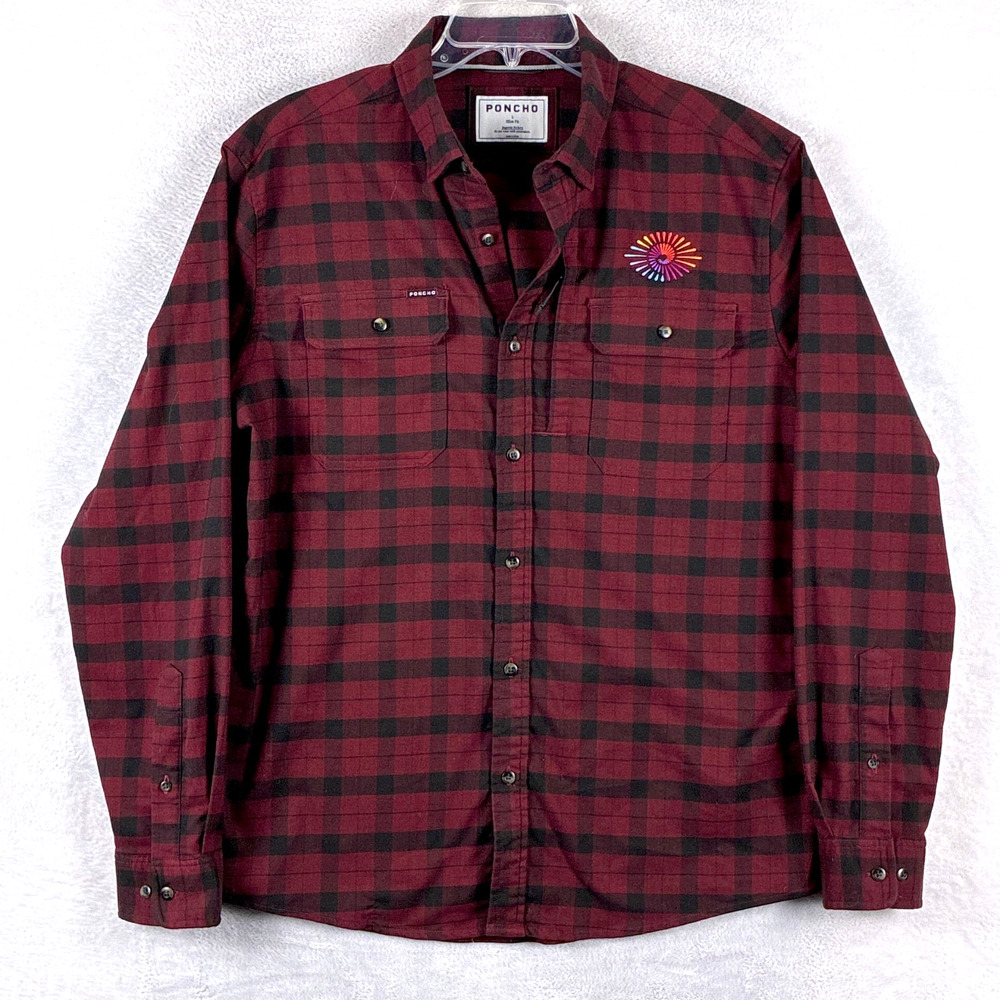 Poncho Flannel Shirt Mens L Red Plaid Slim Fit Embroidered Fishing Outdoors